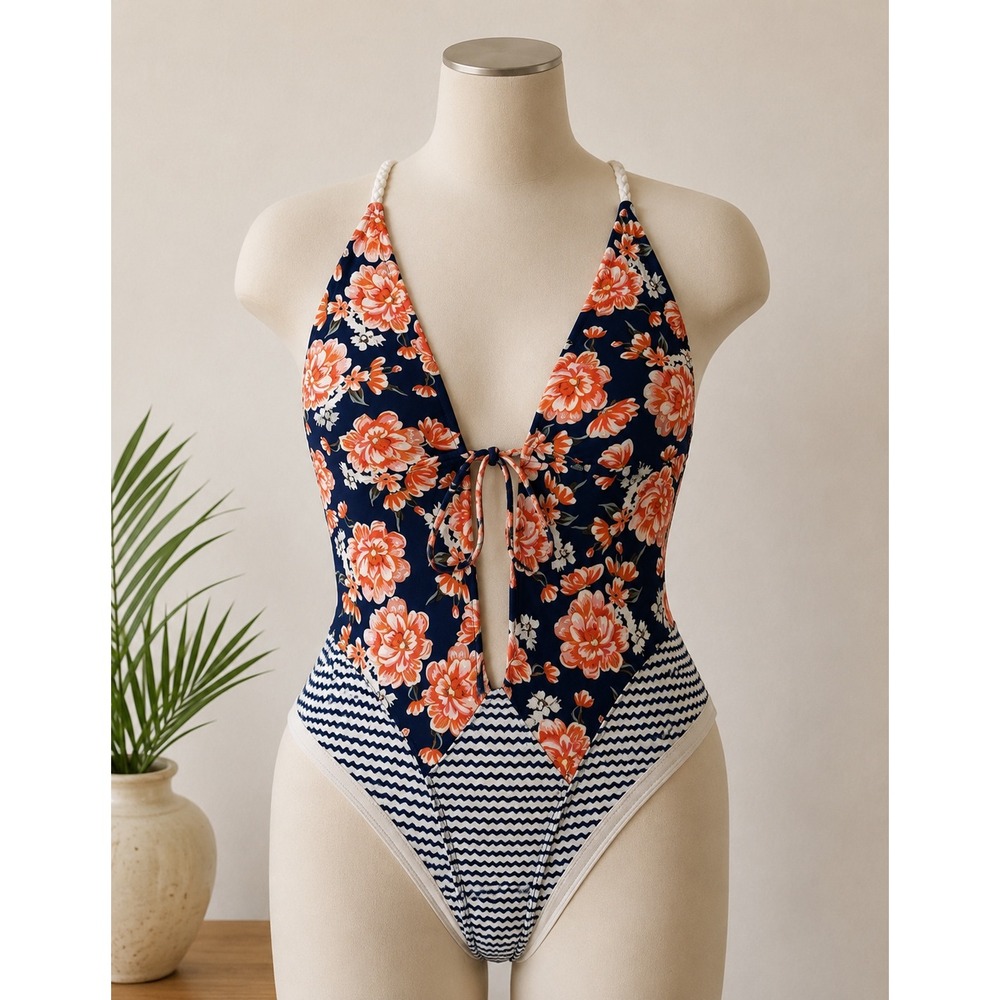 Braided Floral Chevron One Piece Swimsuit Plunge Neck Straps Boho Monokini Sz M